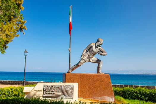MILAZZO, SIZILY, Italy - 03 October 2023. Memorial to Luigi Rizzo, an Italian naval officer from Milazzo who sank ships as a commander of motor torpedo boats in World War I.