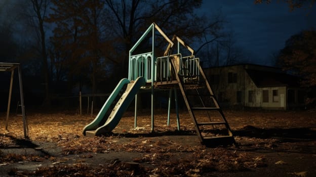 Abandoned playground at night with swing set in motion