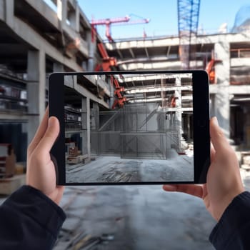 Hands using digital tablet with construction management software on blurred construction site as background. Smart construction project management system concept.