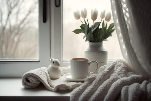 still life of a bouquet of white tulips in a vase, a bunny, a mug of tea and a white blanket on the window. Easter scene