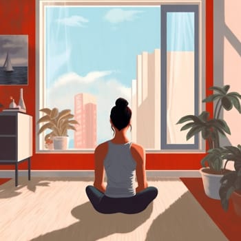 young girl practices yoga in lotus position in the room in the morning.