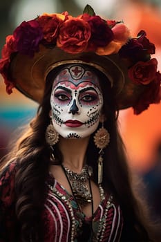 close-up young woman with make-up at the festival Day of the Dead - Dia de los Muertos, a holiday dedicated to the memory of the dead.against the backdrop of illumination.