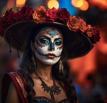 close-up young woman with make-up at the festival Day of the Dead - Dia de los Muertos, a holiday dedicated to the memory of the dead.against the backdrop of illumination.