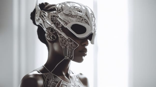 hairstyle and accessories in the style of Afrofuturism and steampunk. fashion and high art. poster and magazine for stylists and designers