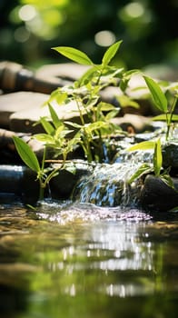Decorative pond with a fountain and bamboo shoots.spa content