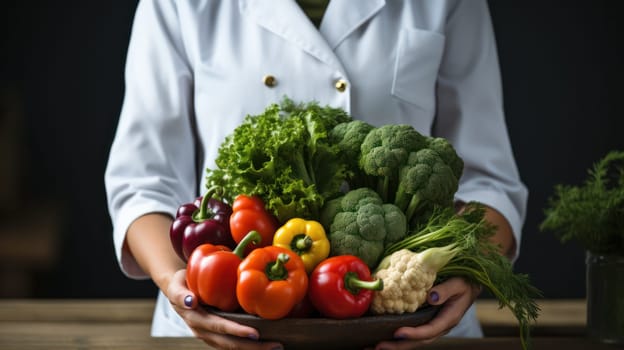 woman in white with a plate full of vegetables, the concept of healthy eating and self-care