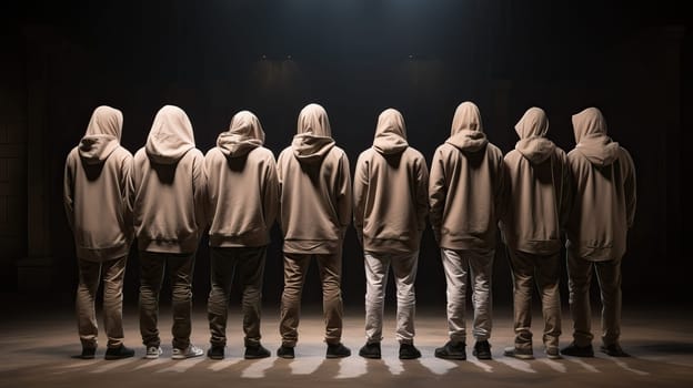 a group of unknown people in the same clothes. back view. the concept of equalizing and depersonalizing people. The concept of lack of diversity.protection of personal space and personal information