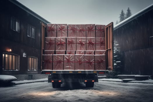 truck loaded with Christmas gifts. Christmas eve and gift delivery.