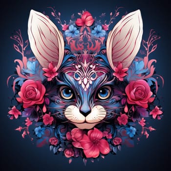 colorful bunny head with fancy pattern Day of the Dead, Dia de los muertos on black background.drawing on a t-shirt