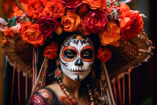 close-up young woman with make-up at the festival Day of the Dead - Dia de los Muertos - a holiday dedicated to the memory of the dead.against the backdrop of illumination.generative Ai