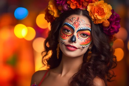 close-up young woman with make-up at the festival Day of the Dead - Dia de los Muertos - a holiday dedicated to the memory of the dead.against the backdrop of illumination.