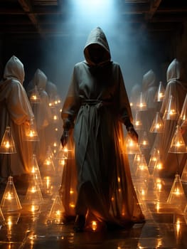 a mystical plot with a man in a cloak with a hood.among the pyramidal levitating lamps.