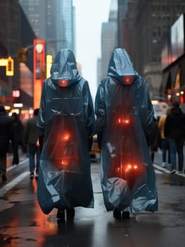 a mystical plot with men in a cloak with a hood with glowing lanterns inside.
