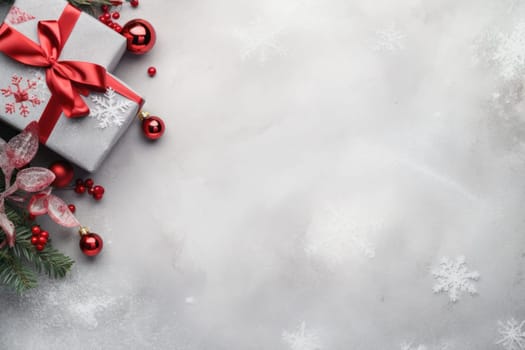 New Year banner with Christmas gift boxes and gold decorations on a light background.