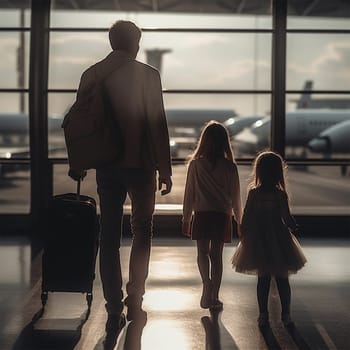 Father and two daughters walking to the window at the airport overlooking the runway