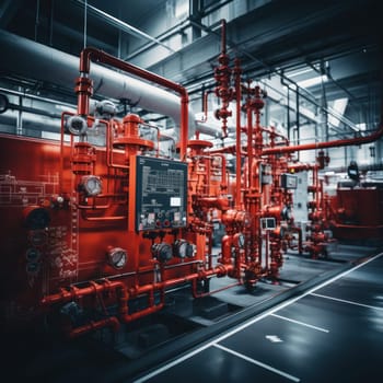 Modern industrial gas boiler room equipped for heating. Heating gas boilers, pipelines, fittings. red tinting