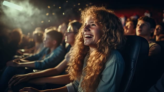 teenagers watching a funny movie in the cinema. crowd of happy spectators sitting in armchairs laughing at the movie they are watching and enjoying popcorn and drinks.
