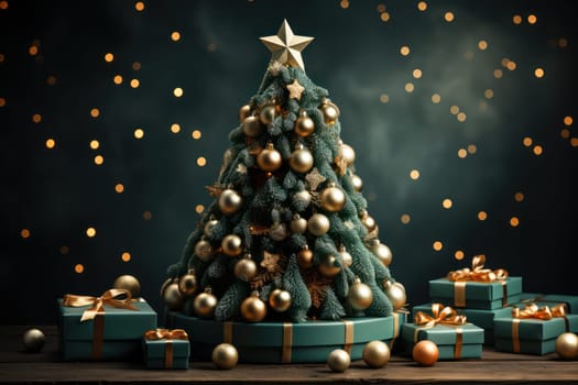 decorative Christmas green and gold toy tree against the background of Christmas illumination. copy space