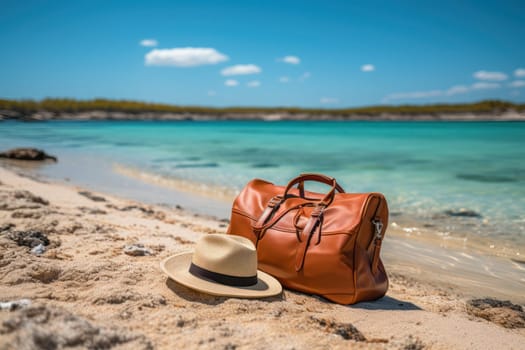 leather bag valise and hat on the seashore .