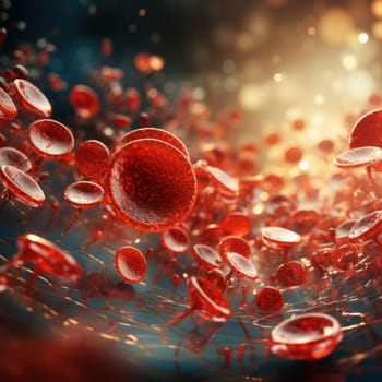 close-up illustration of red blood cells under a microscope in the body. Scientific medical education concept