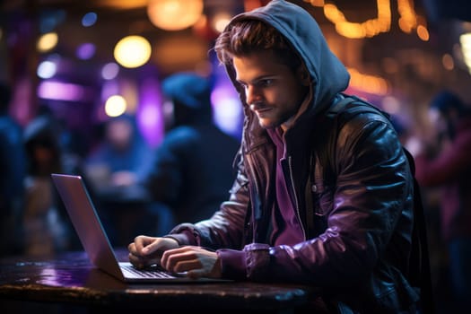 Young man working on laptop, male freelancer or student with computer in cafe with neon lighting at table, looking at camera.
