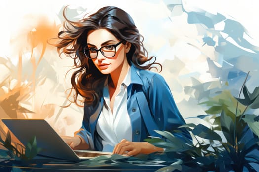 young business woman in glasses and a blue jacket works in the office. A young and beautiful female employee is working on a new laptop.