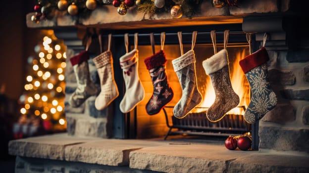Fireplace with Christmas stockings in a festive room interior.