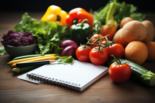 Healthy foods, fruits and vegetables with a blank white notepad for writing. Healthy food choices for the heart, healthy lifestyle concept.