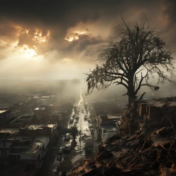 Ruins of a city after a military strike or earthquake, destroyed buildings and empty streets. Apocalyptic landscape concept