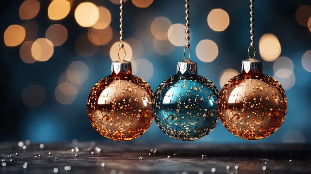 Christmas balls on blurred background, Christmas or New Year. copy space.
