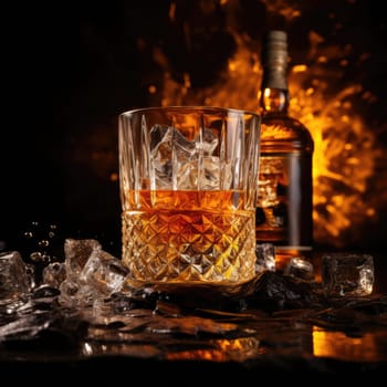 crystal glass of whiskey with ice on a background of burning flames