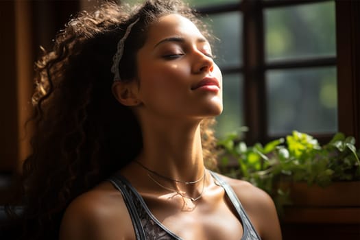 portrait of a woman under a ray of sunlight practicing meditation at home. to achieve happiness from inner peace, wisdom, tranquility with a ray of sunshine for a healthy mind and well-being of the soul.