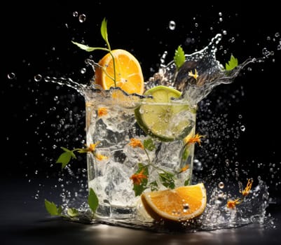Cut transparent glass with crystal falling water, mint and lemon on a black background.