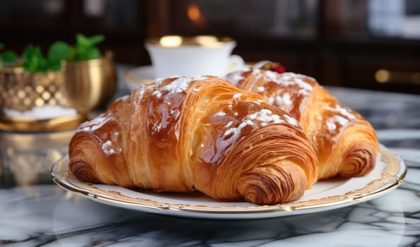 freshly baked croissant with butter served on a white plate on a marble table with flowers on a sunny morning