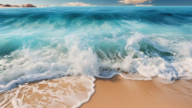 Beach Sand Sea Shore with Blue wave and white foamy summer background,Aerial beach top view overhead seaside.