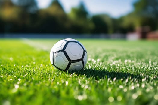 Soccer ball on the white line on the grass, which marks the area of the soccer field. In the blurred background.