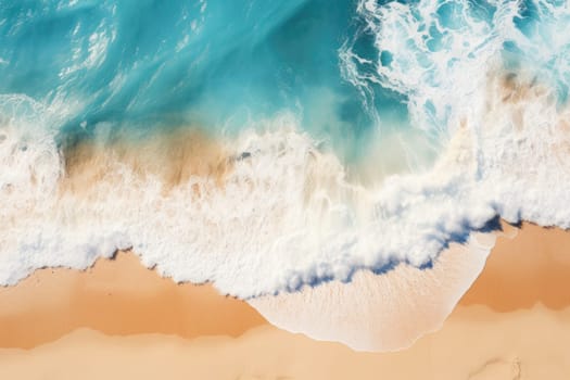 Beach Sand Sea Shore with Blue wave and white foamy summer background,Aerial beach top view overhead seaside.