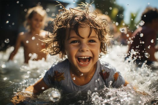 happy baby having fun in the water. on a bright sunny day, children escape the heat in the pool