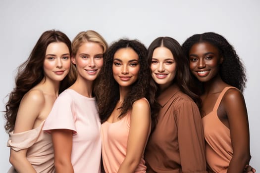 young attractive women of different races having fun posing together on a light background, lifestyle concept of people of different nationalities.