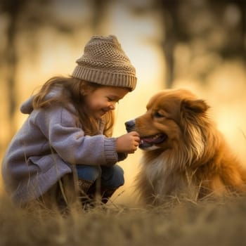 A little girl with her beloved dog plays in the autumn park