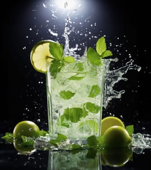 Cut transparent glass with crystal falling water, mint and lemon on a black background.