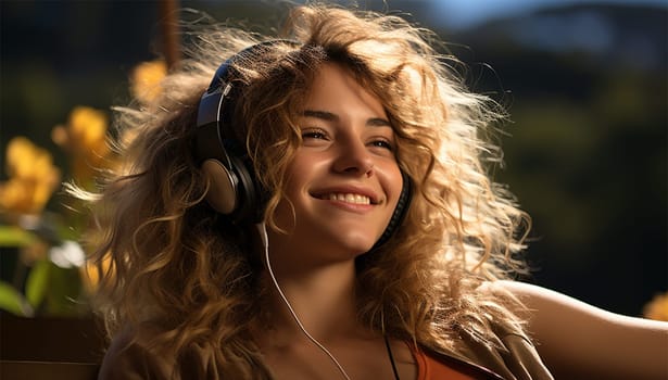 cheerful young woman listening to music on headphones in nature. warm atmosphere.