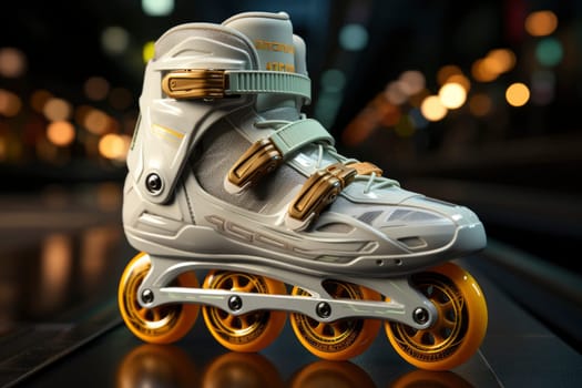 White inline skate with orange wheels on a dark background