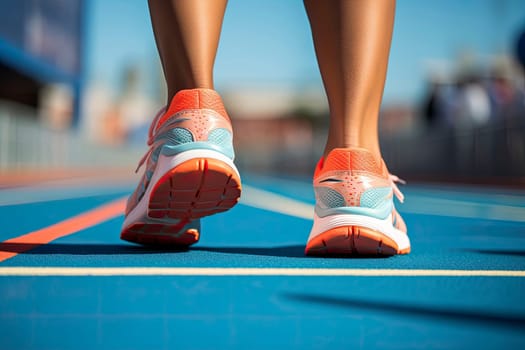 Running, shoes and start with a sports woman or female runner on a track for a workout, exercise or training. Fitness, run and cardio with an athlete getting ready for a competition or race outside