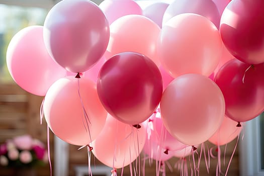 Colorful pink balloons in room prepared for birthday party.