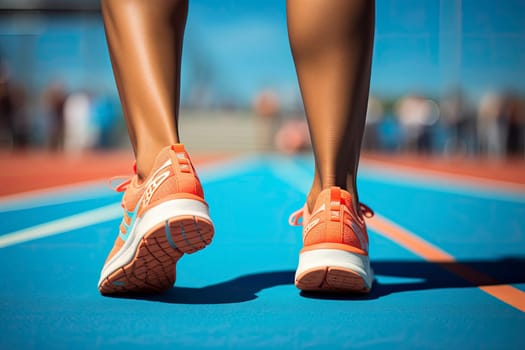 Running, shoes and start with a sports woman or female runner on a track for a workout, exercise or training. Fitness, run and cardio with an athlete getting ready for a competition or race outside