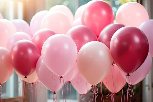 Colorful pink balloons in room prepared for birthday party.