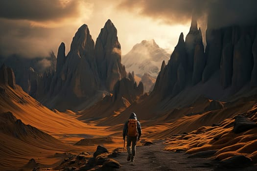 Man backpacker hiking in mountains alone outdoor active lifestyle travel adventure vacations sunset landscape.