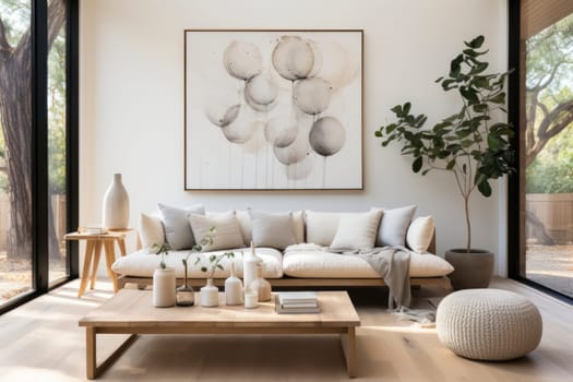 Livingroom of bright minimalist modern interior design huge bright apartment. Sunny room with large windows and sun.