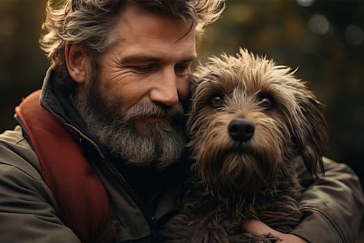 Portrait of a young man hugging his dog. Man and pet.
